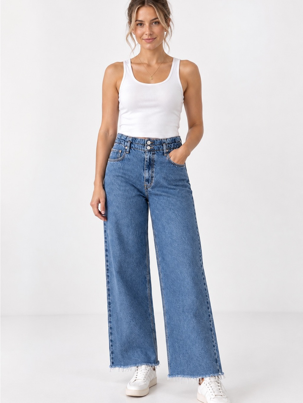 Mango MNG High Rise Paperbag Wide Leg Raw Hem Jeans US 10